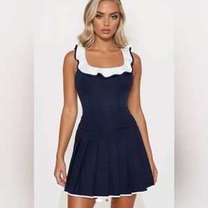 Pleated Mini Dress w/ Flare Collar Navy